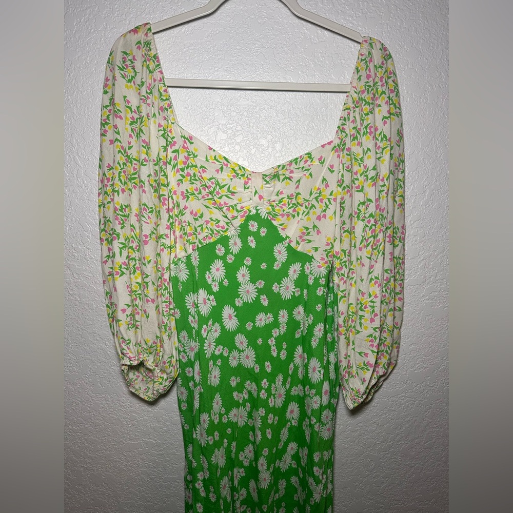 RIXO Daisy Long Puff Sleeve Swing Women’s Green Floral Maxi Dress Plus Size 16 - Picture 3 of 15